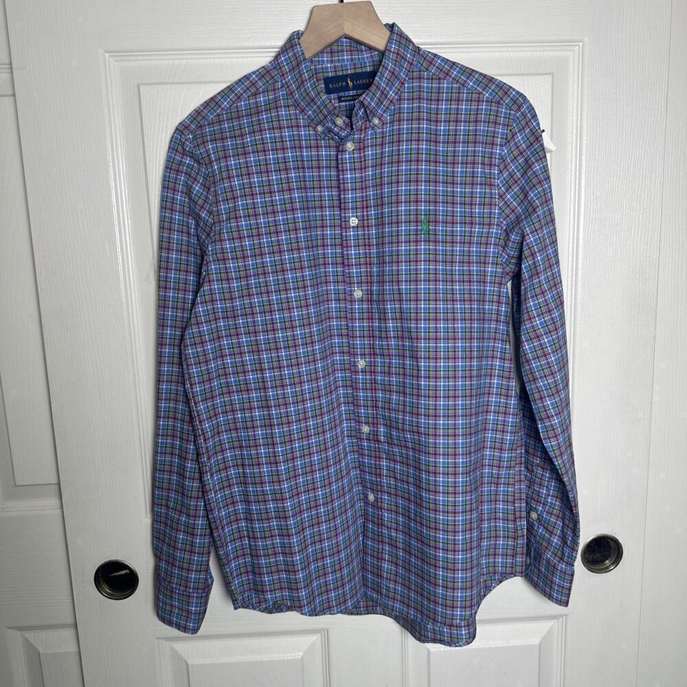 Ralph Lauren Natural Stretch Boys Button-Down Shirt XL Blue Stripes Plaid 18/20